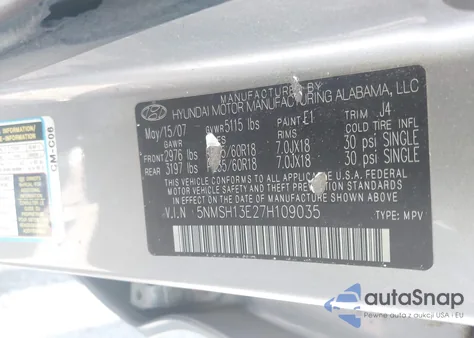 2007 Hyundai Santa Fe Limited/Se из США, поврежденный, VIN 5NMSH13E27H109035